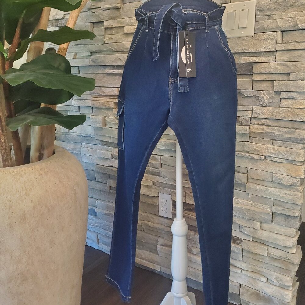 6 - Denim Brand Dark Denim Tie Belt Cargo Pocket Jeans